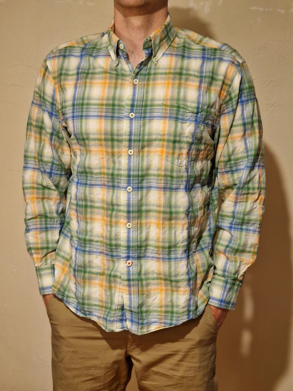 Casual Green and Blue Plaid Button-Down Shirt with Orange Accent